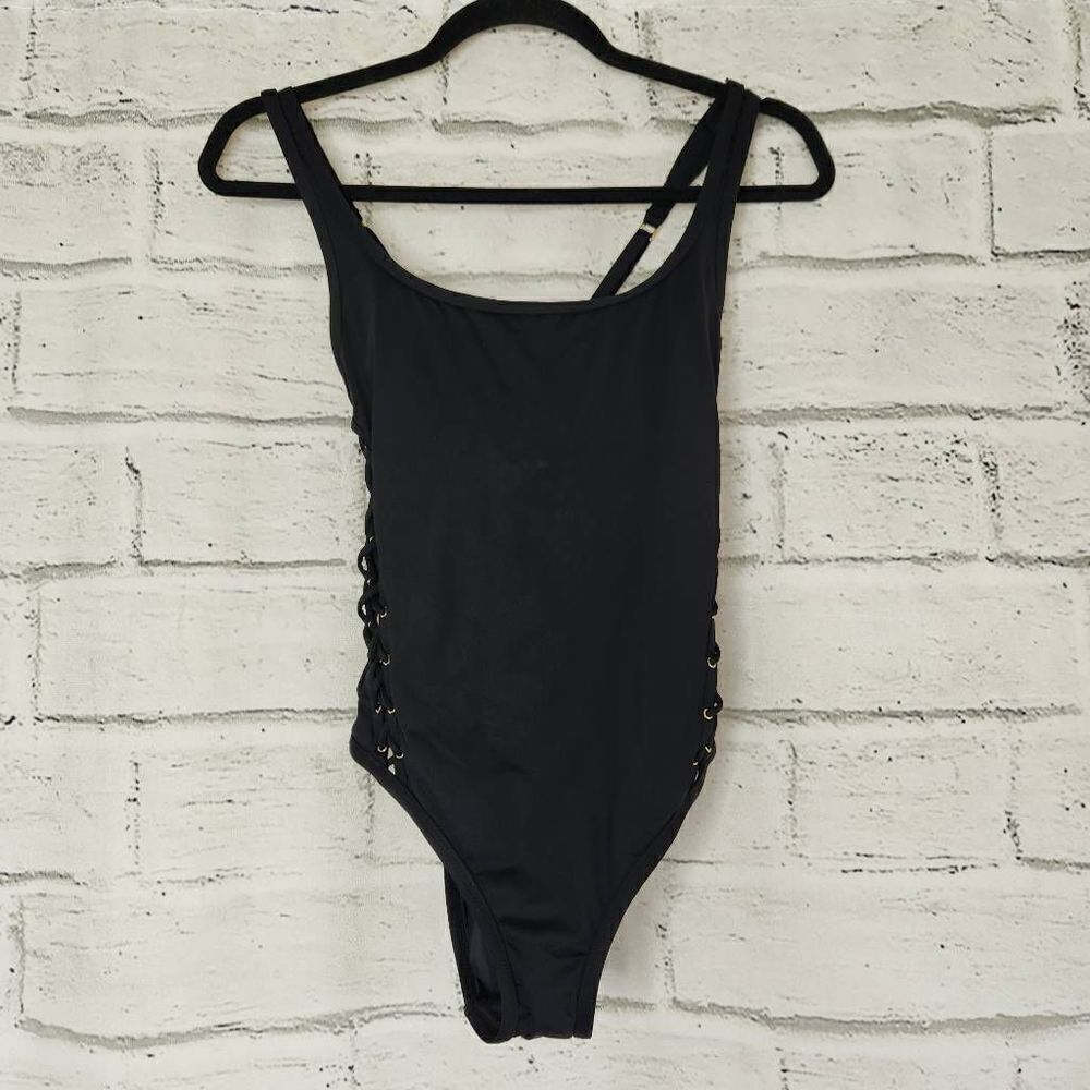 La Blanca Scoop Neck Convertible Strap Lace Up Side Swimwear Black Size 4